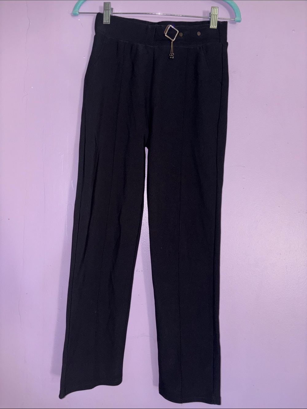 Black High-Waist Straight Leg Women's Pants with Decorative Buckle